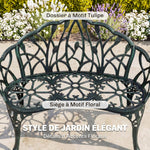 Cast aluminum garden bench, 2-seater outdoor bench with tulip backrest, floral seat, 99x57x78cm, antique green