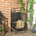 Range-bûches porte bûches sur roulettes avec accessoires pelle balai et tisonnier 37,5 x 37,5 x 80 cm noir