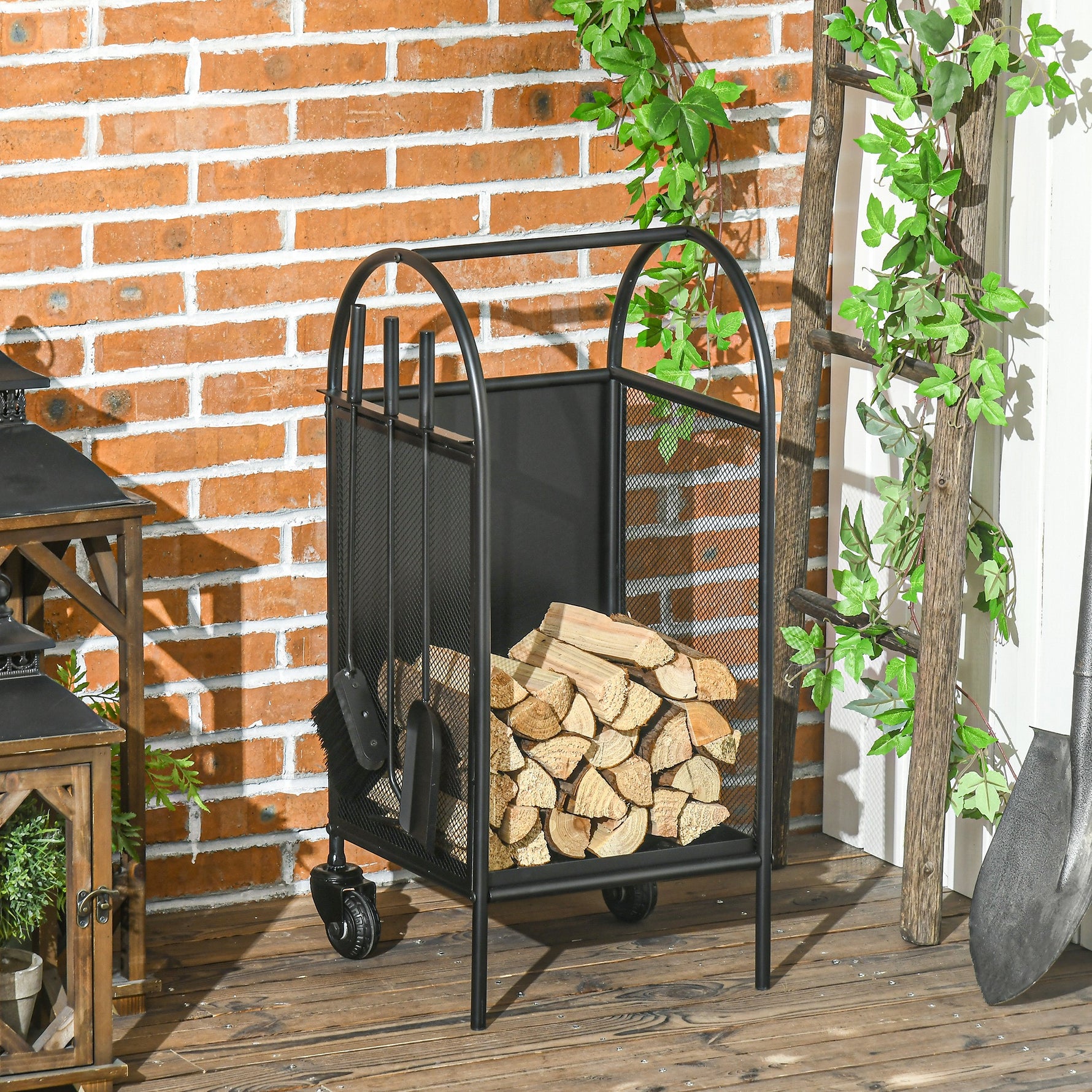 Range-bûches porte bûches sur roulettes avec accessoires pelle balai et tisonnier 37,5 x 37,5 x 80 cm noir