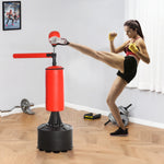 Sac de frappe sur pieds punching ball brunier 3 en 1 avec ballon de vitesse bras flexible rotatif hauteur réglable revêtement synthétique base HDPE dim. 88L x 48l x 155-205H cm noir rouge