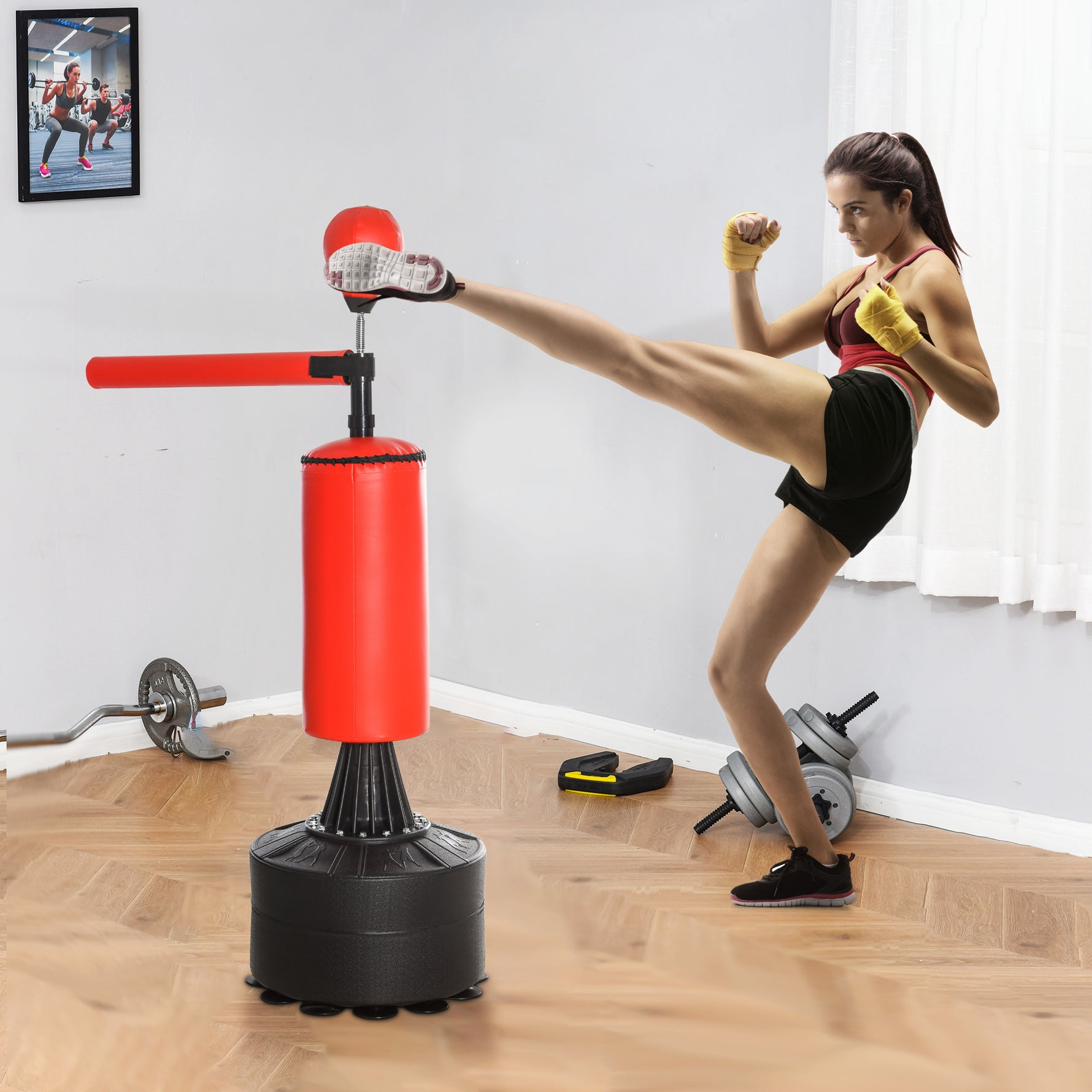 Sac de frappe sur pieds punching ball brunier 3 en 1 avec ballon de vitesse bras flexible rotatif hauteur réglable revêtement synthétique base HDPE dim. 88L x 48l x 155-205H cm noir rouge