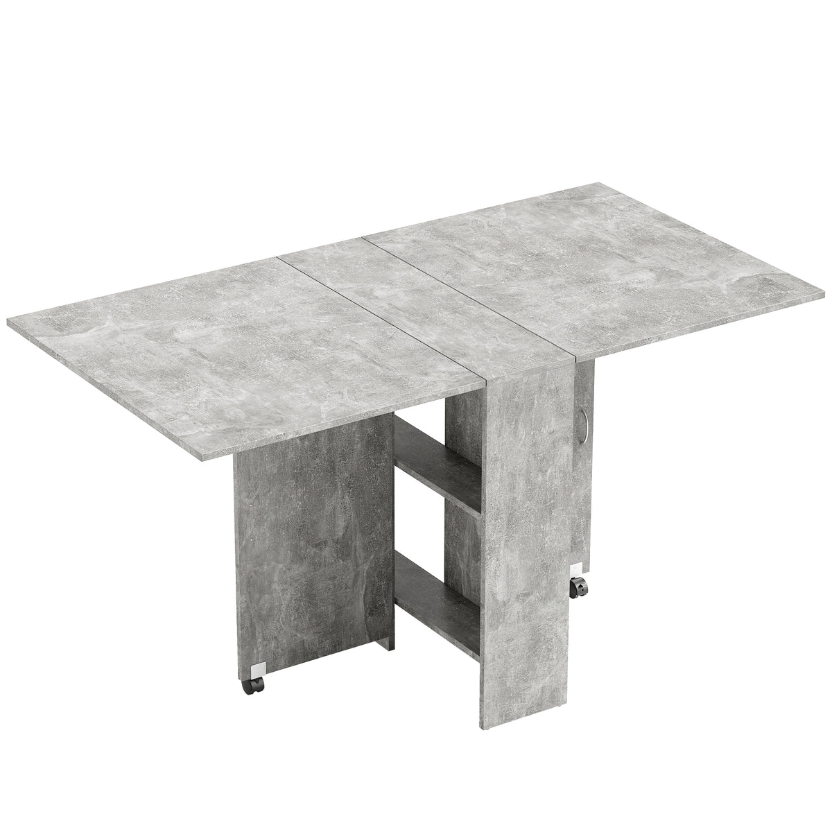 Table pliante de cuisine salle à manger amovible sur roulettes 75L x 140l x 74H cm 2 étagères intégrées en bois
