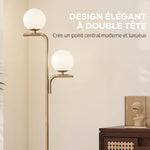 Lampadaire sur Pied Salon à Double Tête, Lampe sur Pied avec 3 Températures de Lumière, Abat-Jour en Verre, Doré