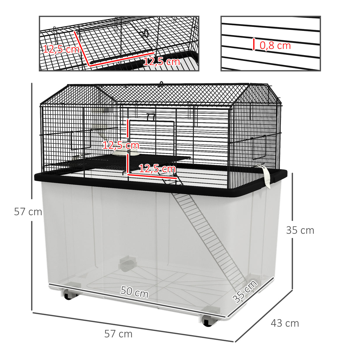 Cage hamster cage rongeur 2 étages avec roulettes plate-forme et échelle en fil d'acier 57 x 43 x 57 cm noir
