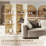 Paravent intérieur en bois 4 panneaux 160 x 170 cm, séparateur de pièce pliable avec 3 étagères, bois naturel