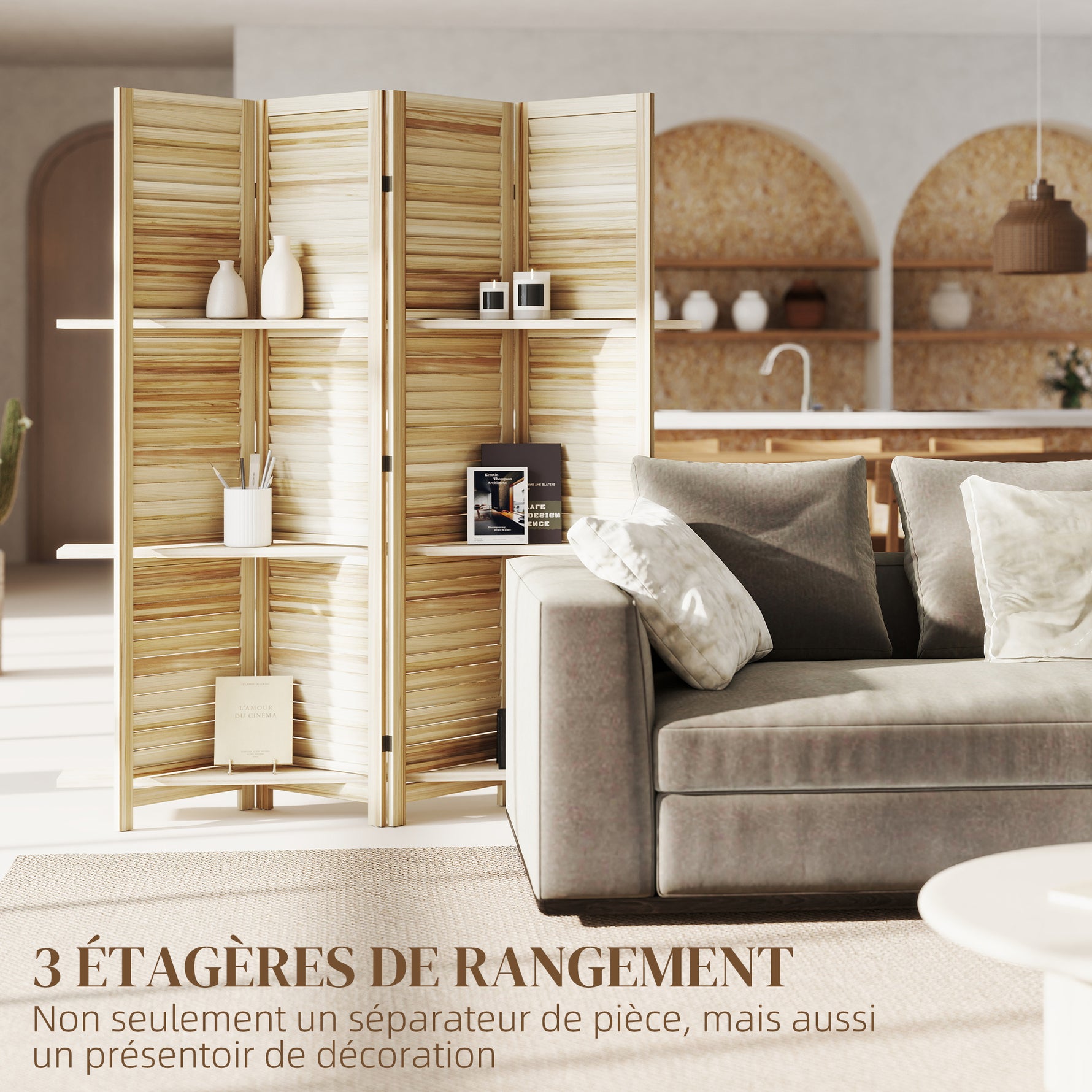 Paravent intérieur en bois 4 panneaux 160 x 170 cm, séparateur de pièce pliable avec 3 étagères, bois naturel