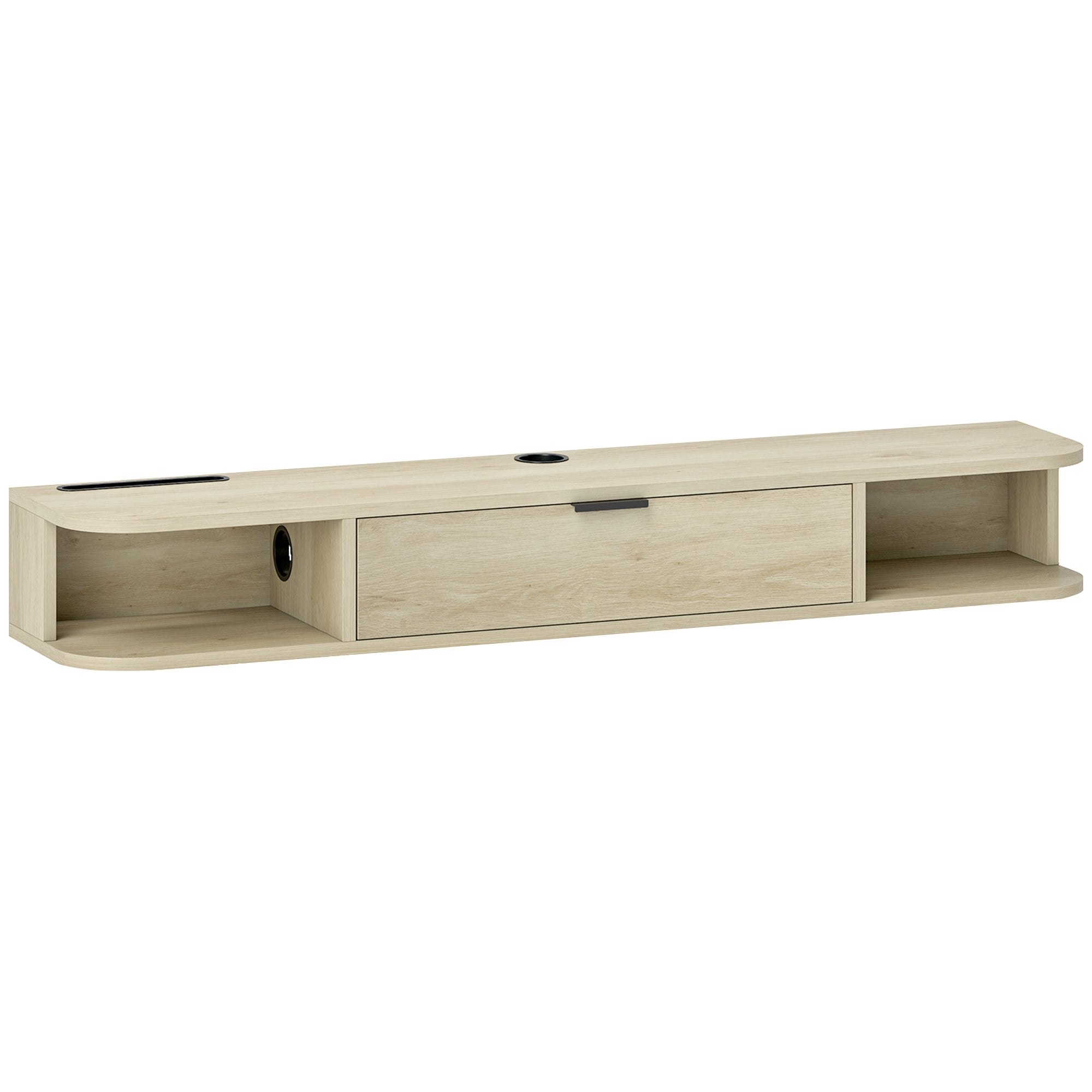 Wall-mounted TV stand, TV cabinet for TVs up to 50 inches, drop-down drawer with 2 shelves, 120x24x16cm, natural wood