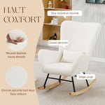 Fauteuil à Bascule, Rocking Chair en Peluche Teddy avec Dossier Haut, Coussin, Pieds en Bois d'Hévéa, Crème