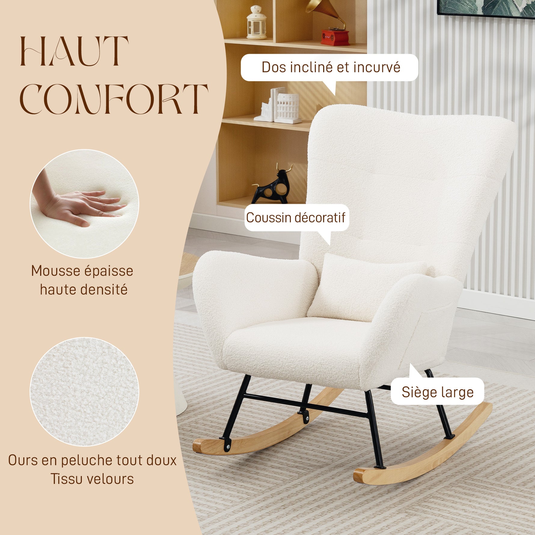 Fauteuil à Bascule, Rocking Chair en Peluche Teddy avec Dossier Haut, Coussin, Pieds en Bois d'Hévéa, Crème