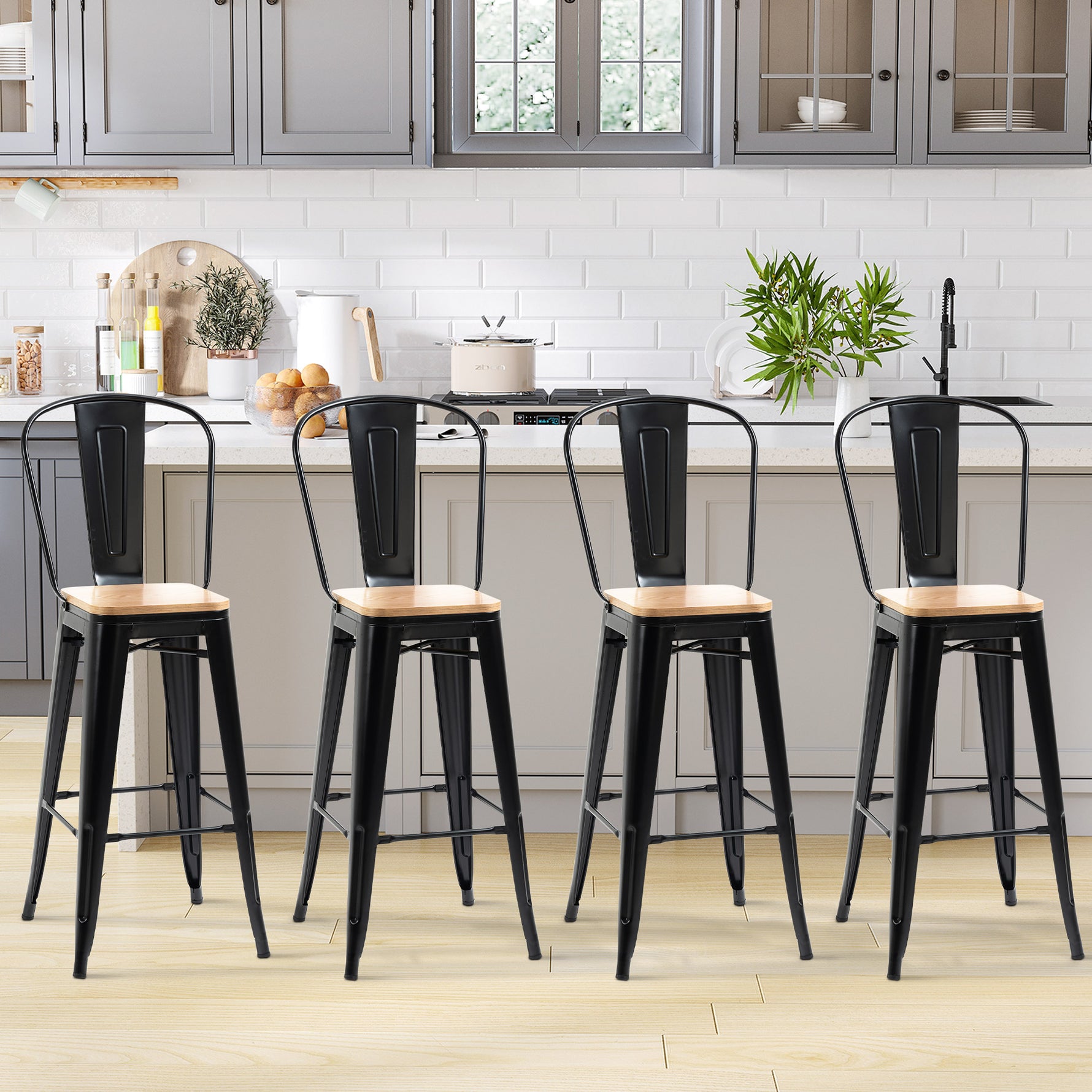 Lot de 4 tabourets de Bar Industriel avec Dossier Repose-Pied Hauteur Assise 76 cm métal noir Panneaux Multicouches Imitation Bois Clair