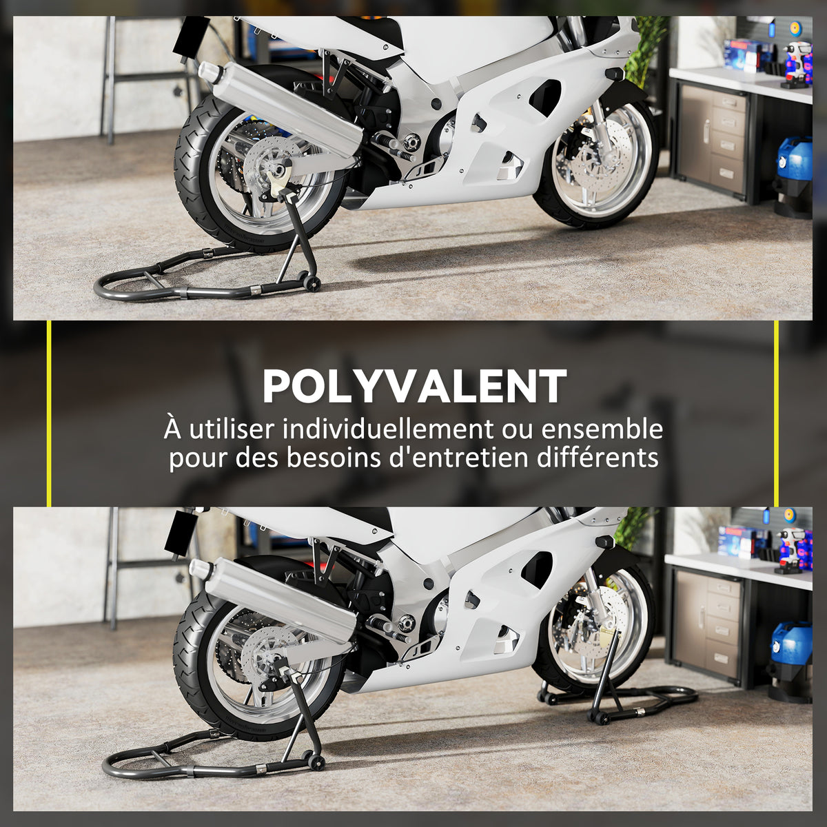 Béquille roue avant arrière charge 390 kg béquille d'atelier moto bras réglable en acier, fourche en forme de U + L noir