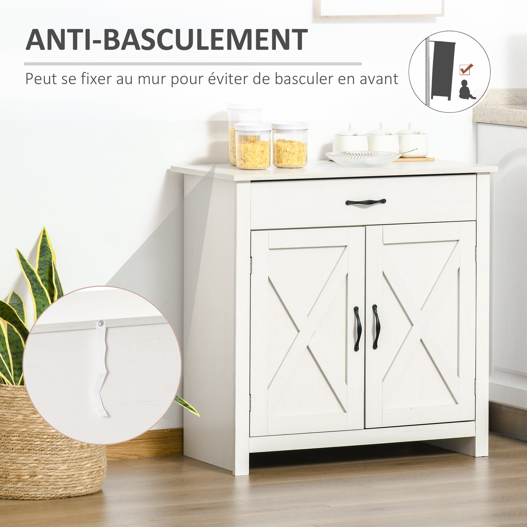 Buffet salon, meuble de rangement avec tiroir, 2 portes de grange et étagère réglable, 80 x 39,7 x 80 cm, blanc