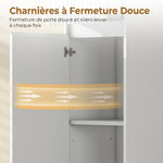 Meuble de salle de bain haut, meuble de rangement avec porte, tiroir, compartiments ouverts, étagère réglable, blanc