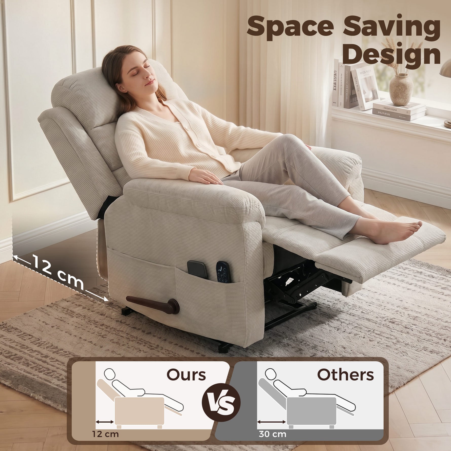 Fauteuil Inclinable de Massage et Chauffage, Fauteuil de Relaxation, Appuie-tête Réglable Poches Latérales, Crème