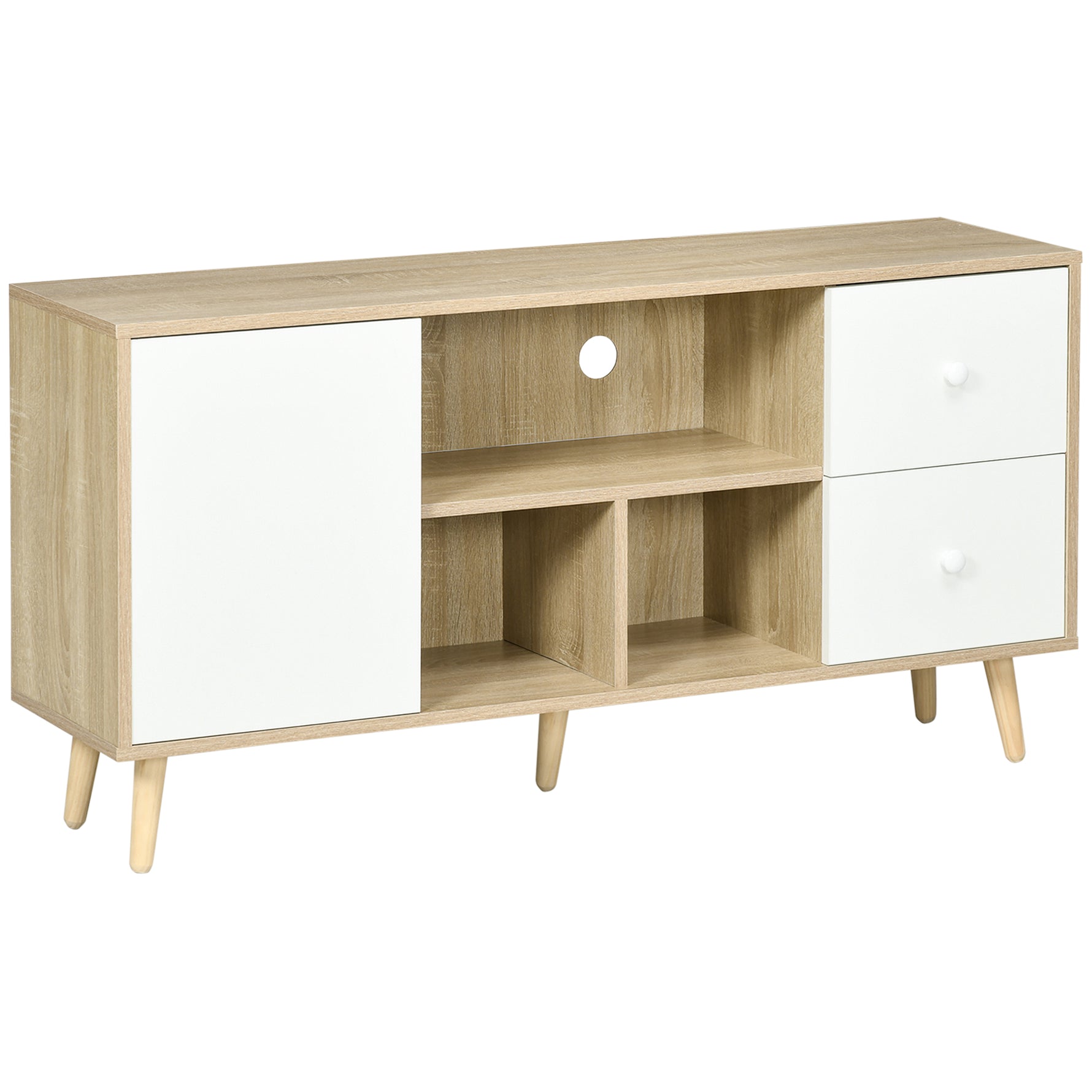 Meuble TV pour télévision jusqu'à 45 pouces pieds en bois massif style scandinave 3 niches 1 placard 120 x 30 x 60 cm