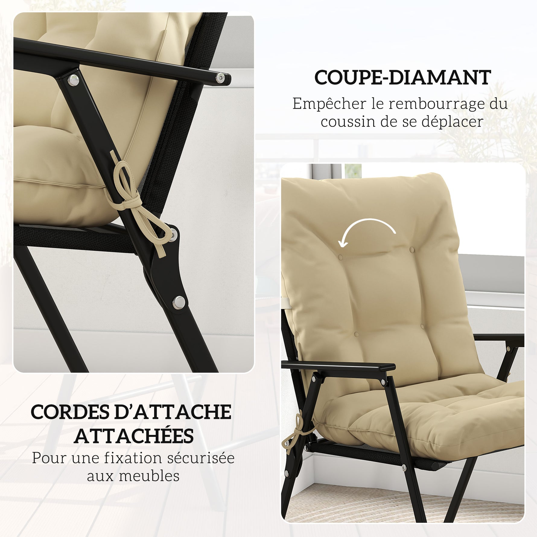 Lot de 2 coussins de chaise d'extérieur, coussins de jardin avec attaches, intérieur et extérieur, 120 x 50 x 8 cm, beige
