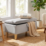 Banc de rangement, bout de lit, repose-pieds rembourré en lin avec pieds en bois de caoutchouc, 71x37x36cm, gris clair