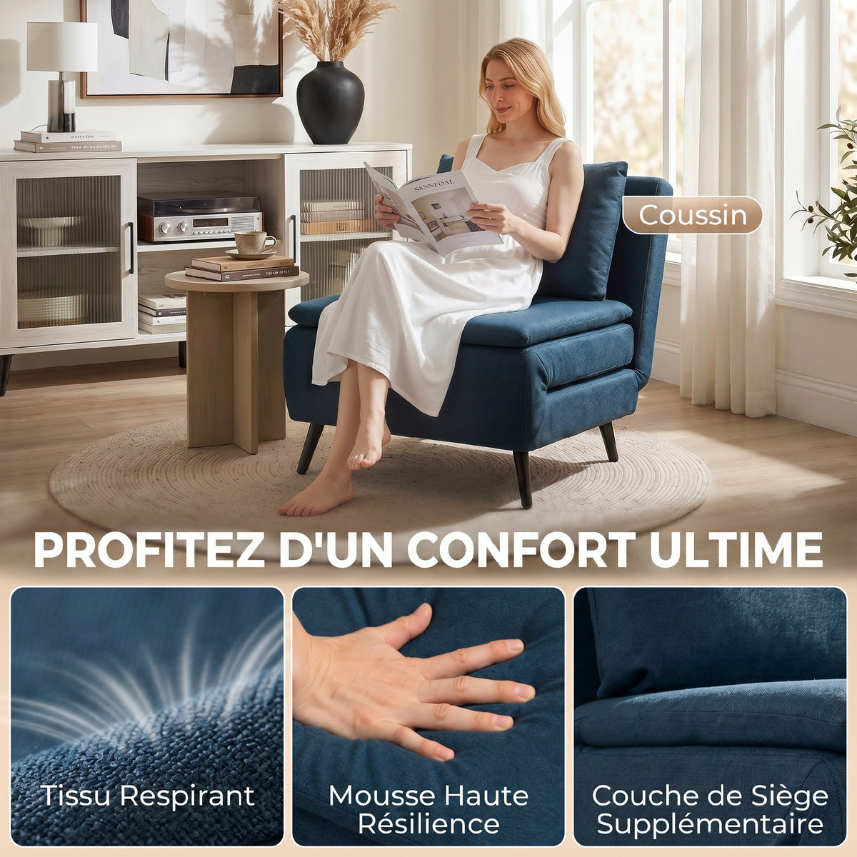 Schlafsofa 1-Sitzer, 3-in-1 Schlaf-Sessel mit verstellbarer Rückenlehne, Kissen, breiter Sitzfläche, Blau