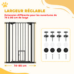 Barrière de sécurité animaux de 104H cm conception haute avec porte chat fermeture automatique système de double verrouillage sans percage de 74 à 80 cm acier noir