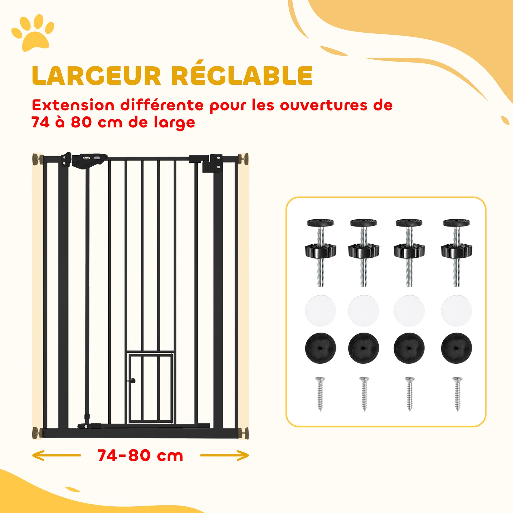 Barrière de sécurité animaux de 104H cm conception haute avec porte chat fermeture automatique système de double verrouillage sans percage de 74 à 80 cm acier noir