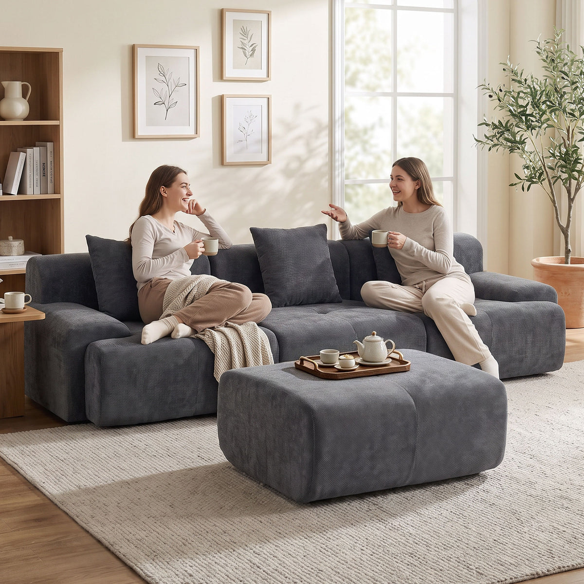 3-Seater Modular Corner Sofa with Chenille Ottoman, 300 cm Compressed Sofa with Deep Seat, 3 Cushions, Grey