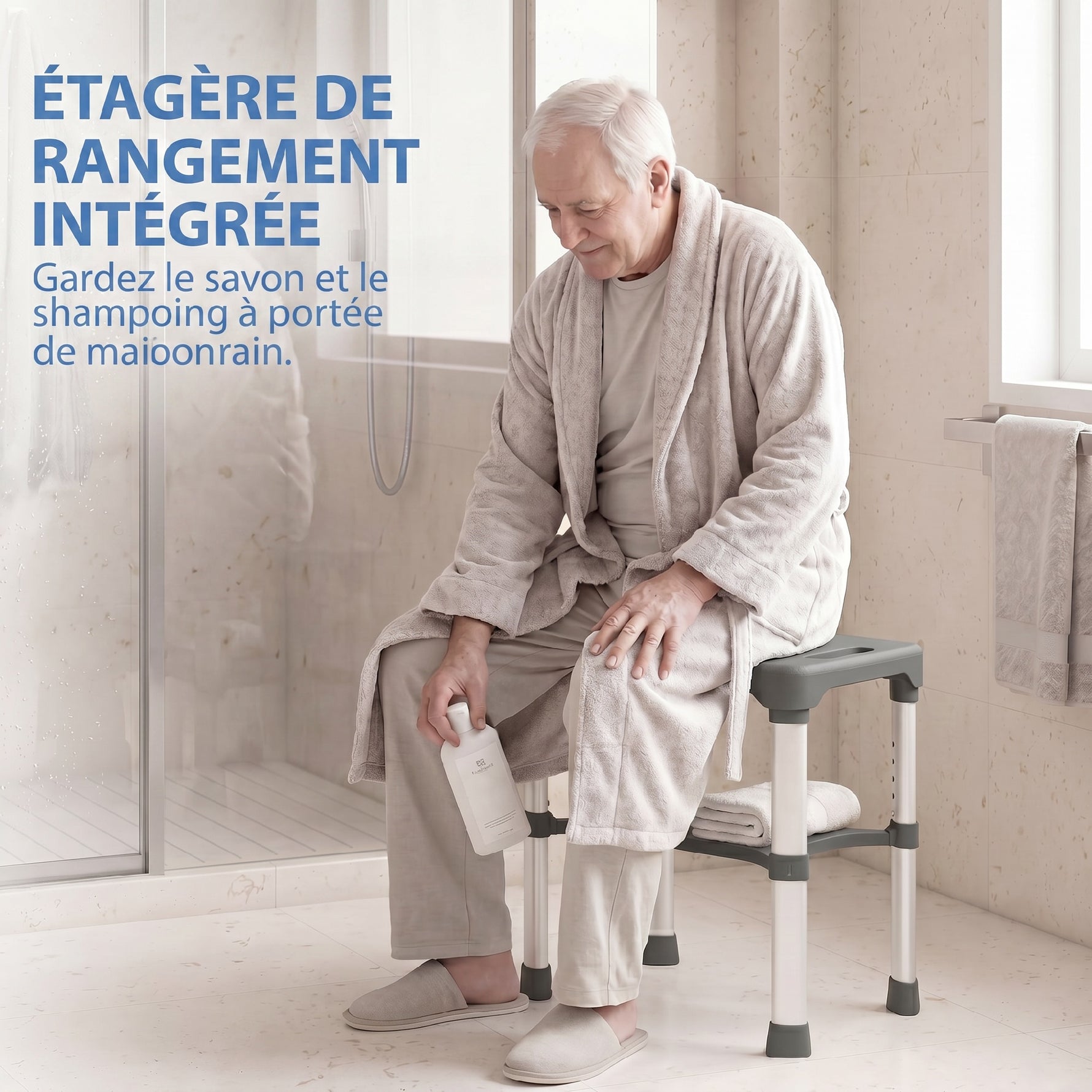 Tabouret de Douche Hauteur Ajustable avec Étagère Intégrée et Barre d'Appui à Ventouse pour Seniors et Handicapés, Gris