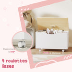 Coffre à jouet enfant sur roulettes, coffre de rangement enfant avec couvercle rabattable, 59 x 30 x 53 cm, blanc