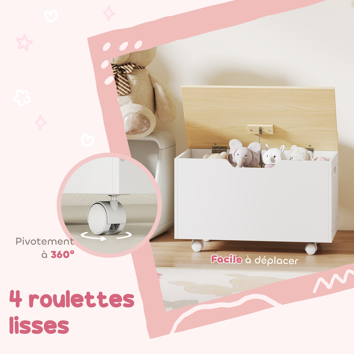 Coffre à jouet enfant sur roulettes, coffre de rangement enfant avec couvercle rabattable, 59 x 30 x 53 cm, blanc