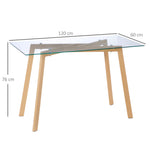 Table à manger pour 4 personnes, 120x60x76cm, table de cuisine, plateau en verre trempé et pieds en acier, transparent