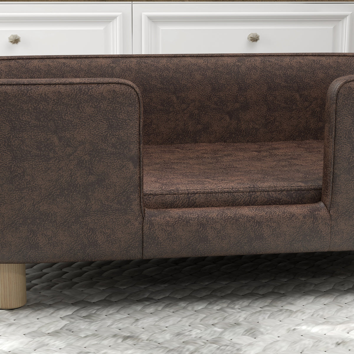 Dog sofa, dog and cat bed with rim, plush cushion, solid wood legs, dim. 74 x 48.5 x 31 cm, chocolate microfiber upholstery