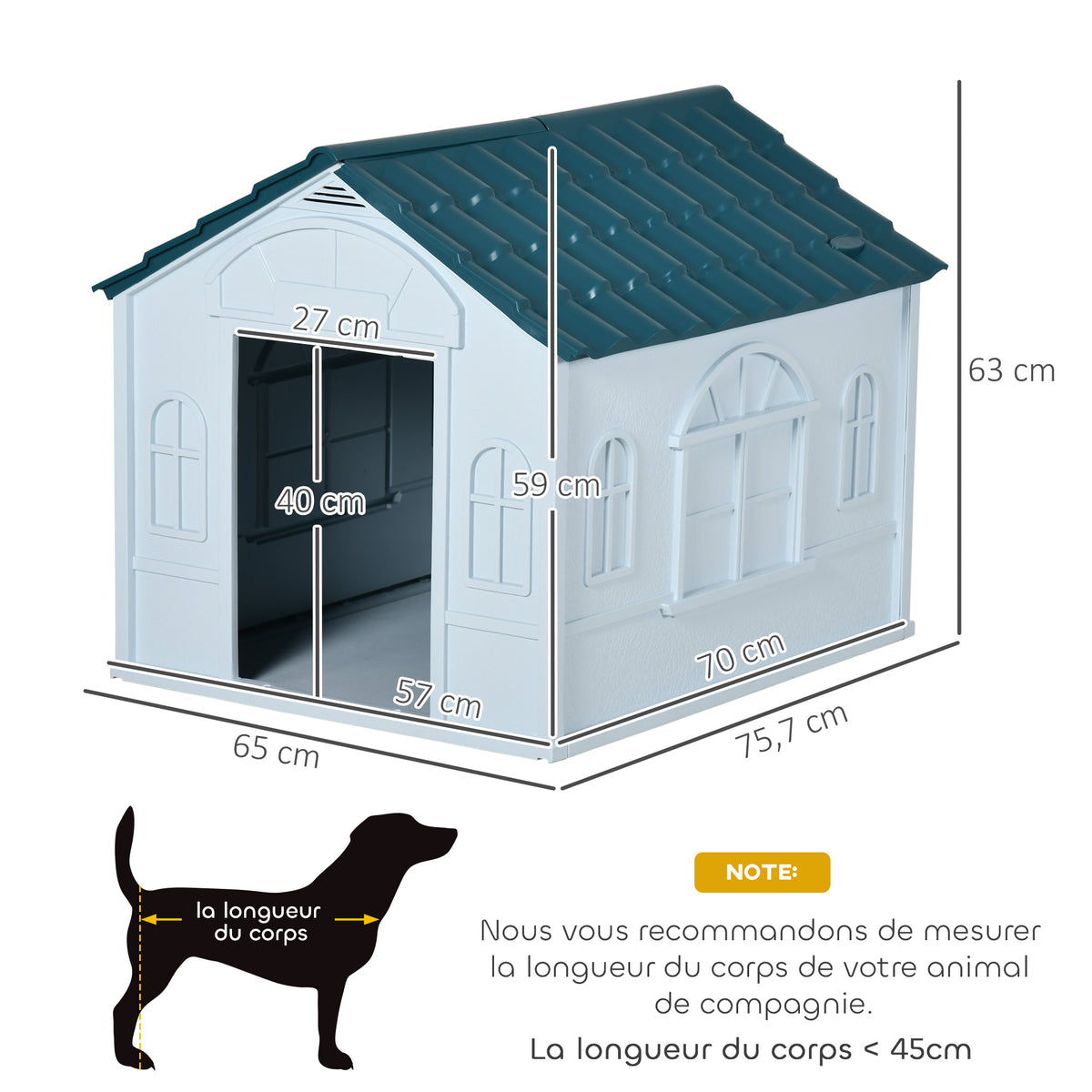 Niche pour chien chenil à l'extérieur en PP blanc pour chiens de petite et moyenne taille - 65 x 75,7 x 63 cm