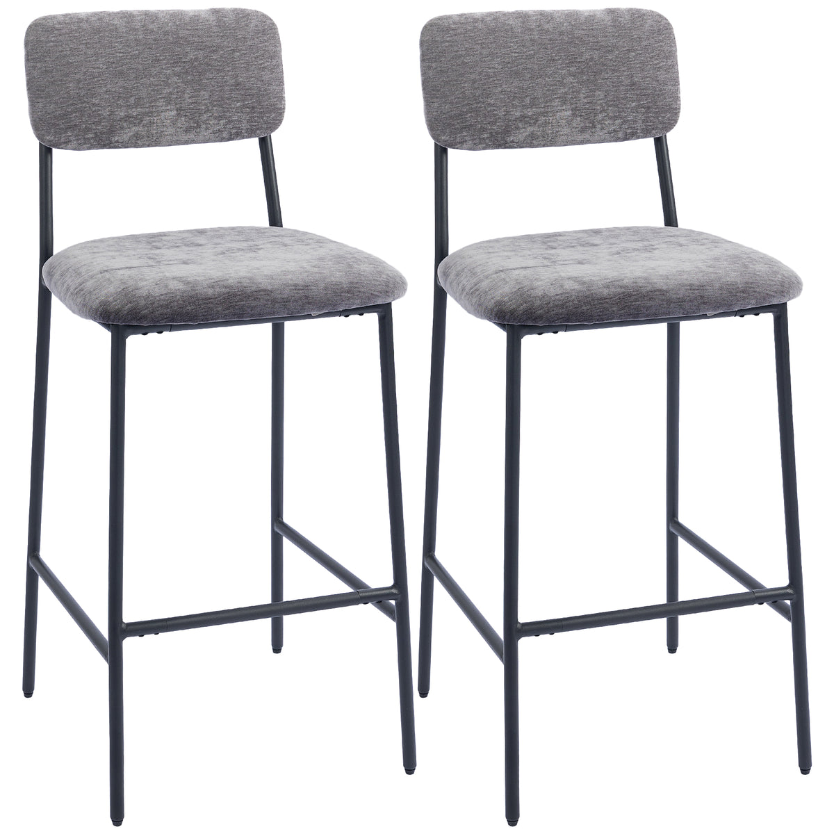 Lot de 2 tabourets de bar en tissu chenille, chaises de bar rembourrées, assise large, dossier haut, 45,5x48x101cm, gris