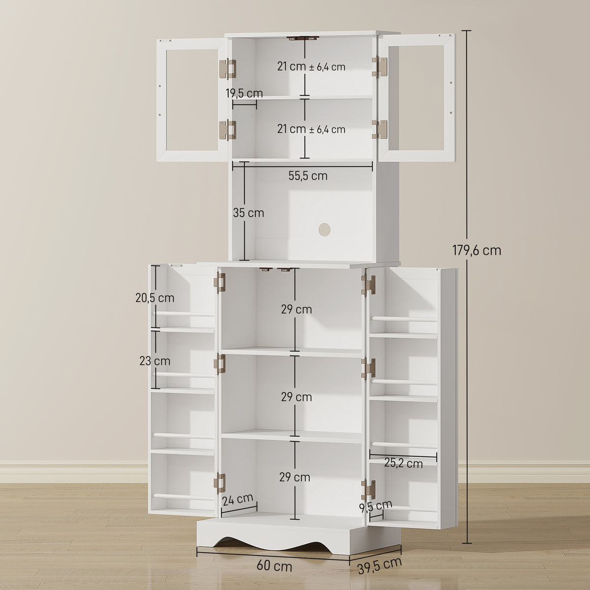 Buffet haut cuisine armoire de cuisine 4 portes 8 porte-épices plan de travail étagère réglable 60x39,5x179,6cm blanc