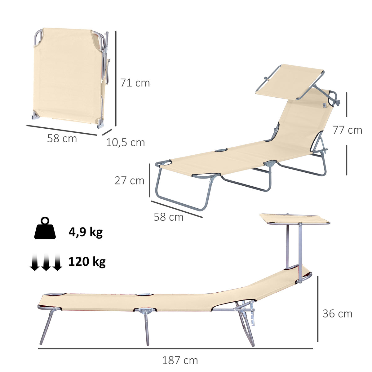 Transat Bain de Soleil Pliable Chaise Longue Pliante Dossier Inclinable Multi-positions et Pare-Soleil réglable
