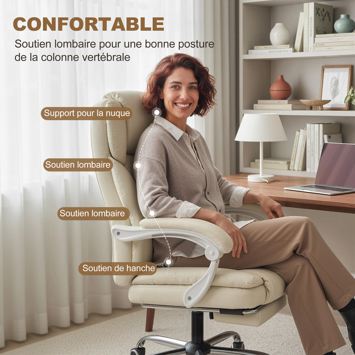 Chaise bureau ergonomique, fauteuil de bureau avec dossier inclinable, hauteur réglable, 64x73x112-120cm, beige