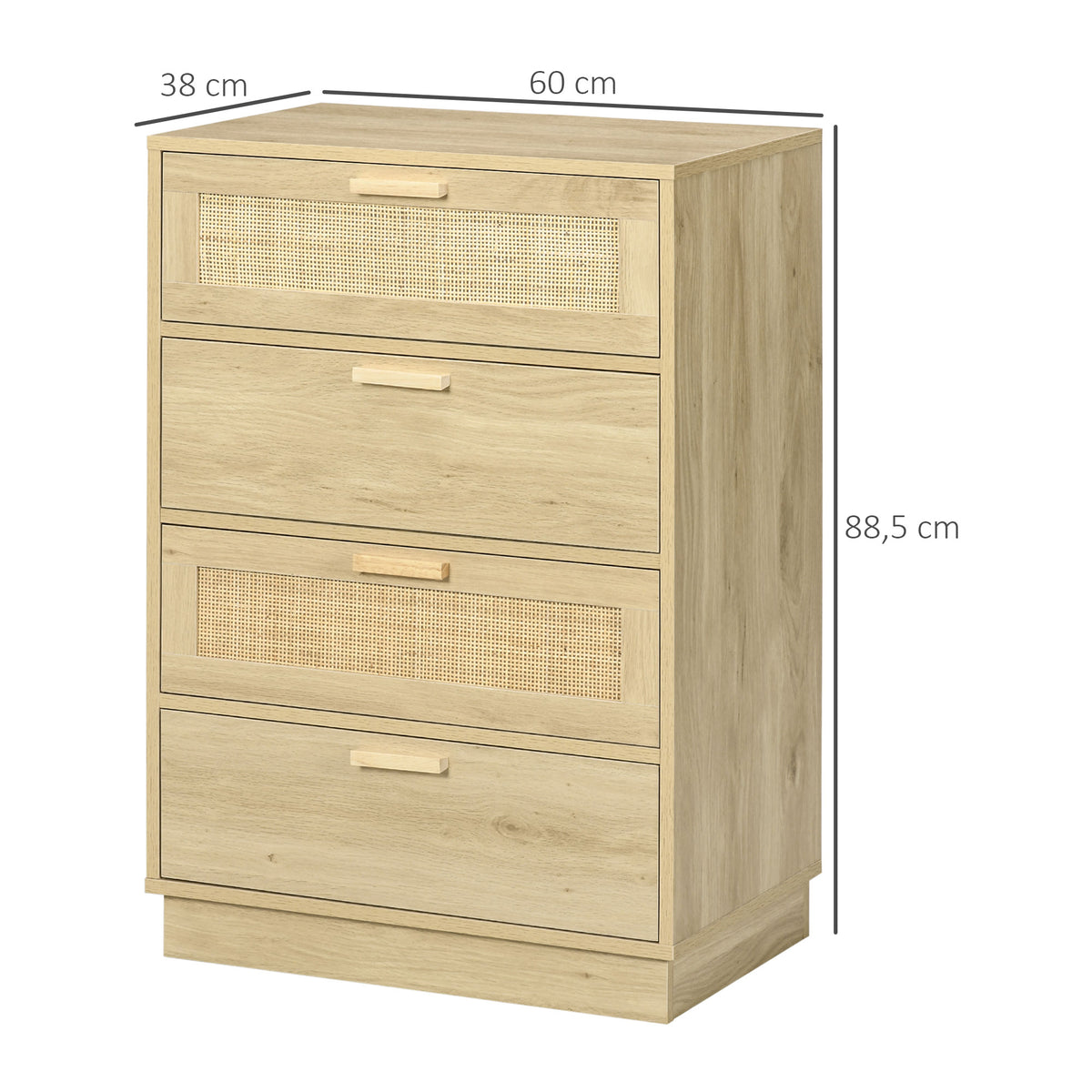 Bohemien design ladekast van rotan met 4 lades, opbergmeubel voor de woonkamer, de gang, de hal, naturel hout