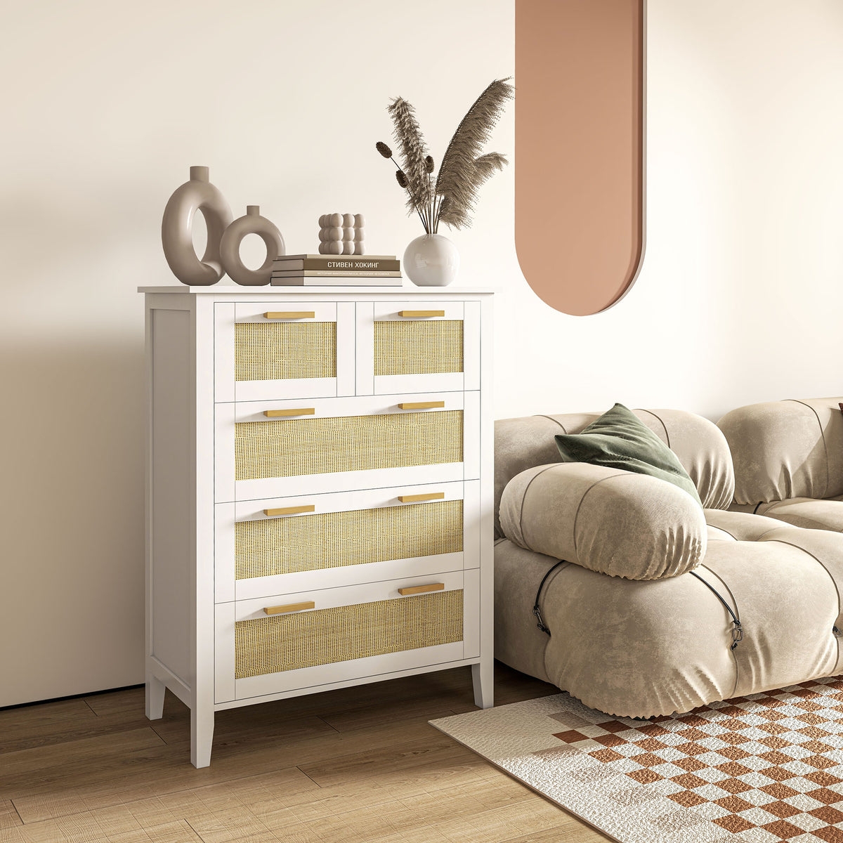 Commode 5 tiroirs poignées en bois massif glissières en métal pour bureau salon chambre à coucher 77 x 37 x 104 cm blanc