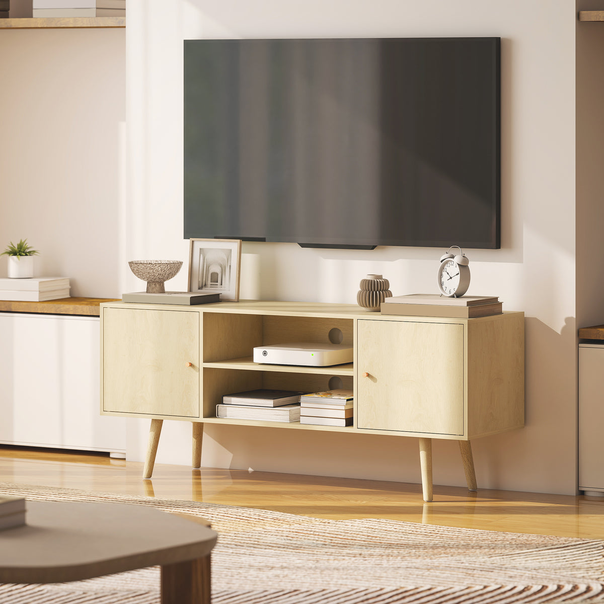 Meuble TV meuble télé pour téléviseur jusqu'à 55 pouces 2 placards et 2 étagères ouvertes 120x34x50cm effet bois naturel