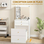 Coiffeuse avec miroir et tabouret de rangement mobile, table de maquillage, tiroirs, placard et étagères ouvertes, blanc