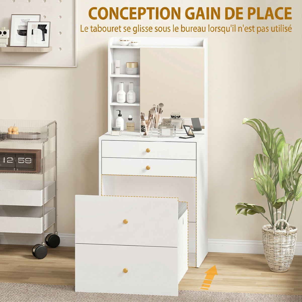 Coiffeuse avec miroir et tabouret de rangement mobile, table de maquillage, tiroirs, placard et étagères ouvertes, blanc
