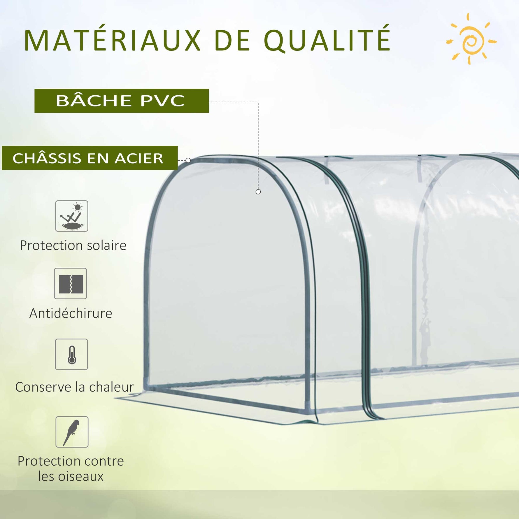 Mini Serre de Jardin, Mini Serre Tunnel, Serre à Tomates 3,5L x 1l x 0,8H m, Acier, PVC Anti-UV, 3 Fenêtres