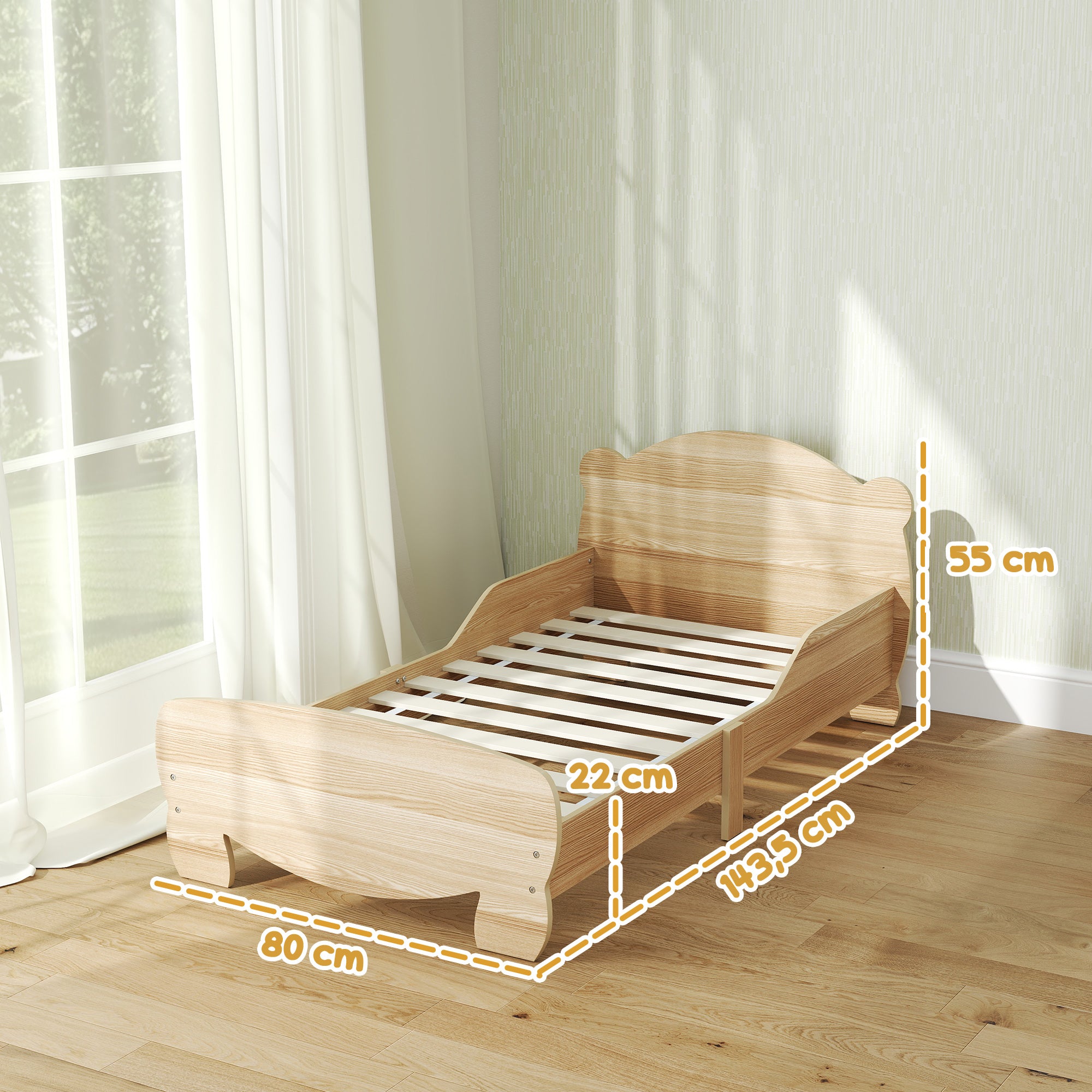Lit enfant 70x140 cm avec barrières de sécurité thème d'ours pour garçons, filles, âgés de 3 à 6 ans, bois naturel