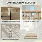 Banc Suspendu Extérieure 2 Places en Résine Tressée avec Coussins et Chaînes en Acier, 115x66x44cm, Beige