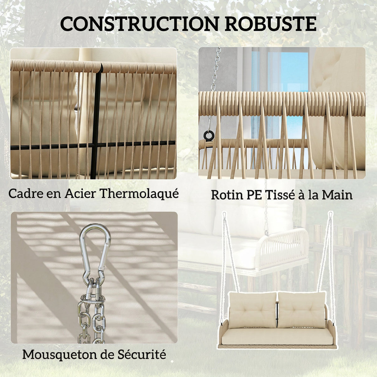 Banc Suspendu Extérieure 2 Places en Résine Tressée avec Coussins et Chaînes en Acier, 115x66x44cm, Beige