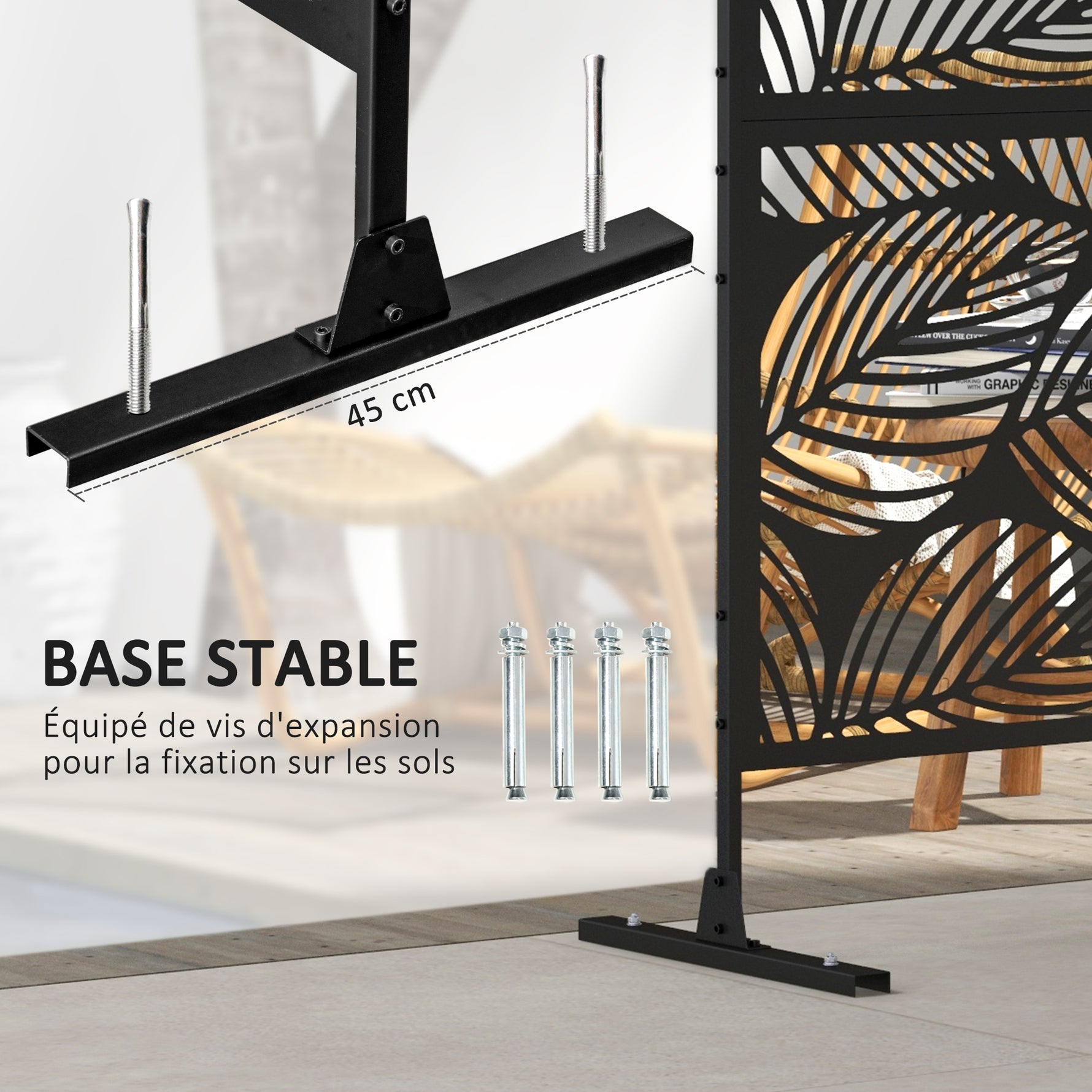 Panneau brise vue décoratif paravent extérieur noir à motif végétal en acier - 122 x 45 x 198 cm, noir