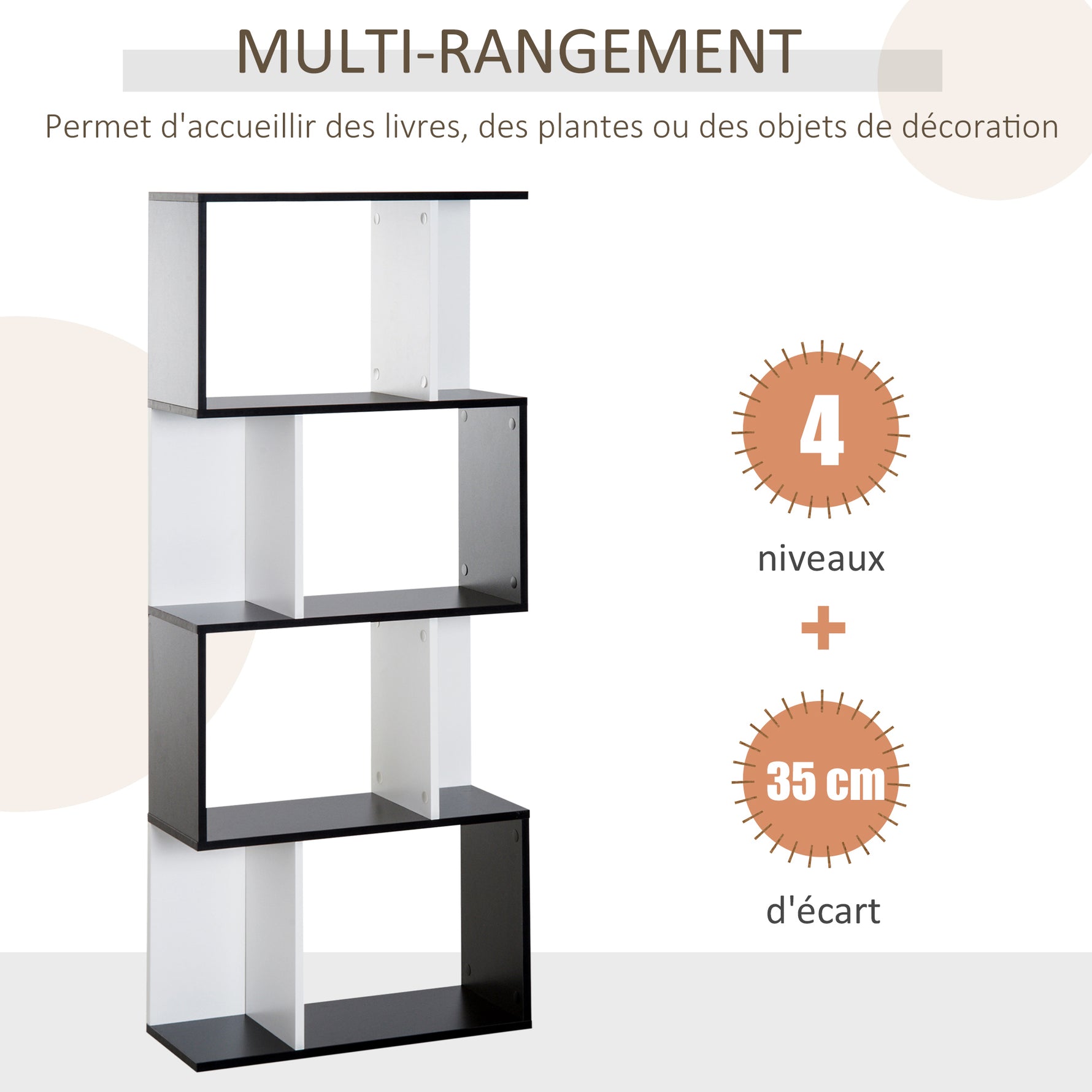 Bibliothèque à 5 niveaux, meuble de rangement en forme de S avec étagères, étagère de rangement pour salon, chambre bureau, 60 x 24 x 148 cm, noir, blanc