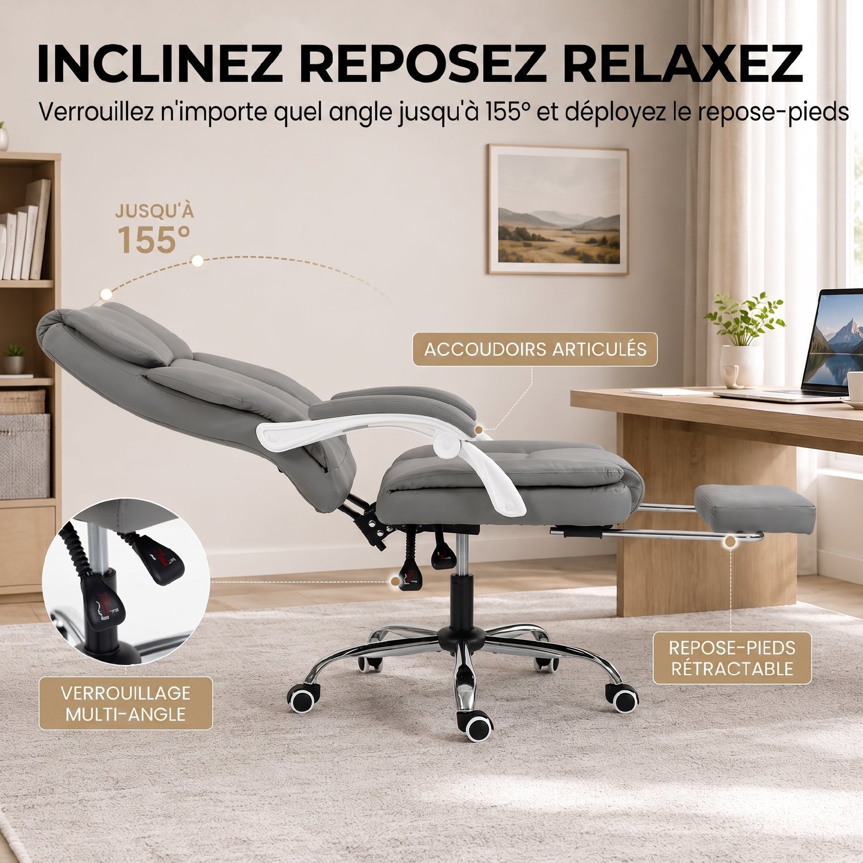 Chaise Bureau Ergonomique, Fauteuil de Bureau Inclinable en Cuir Synthétique Adapté aux Animaux, Hauteur Réglable, Gris