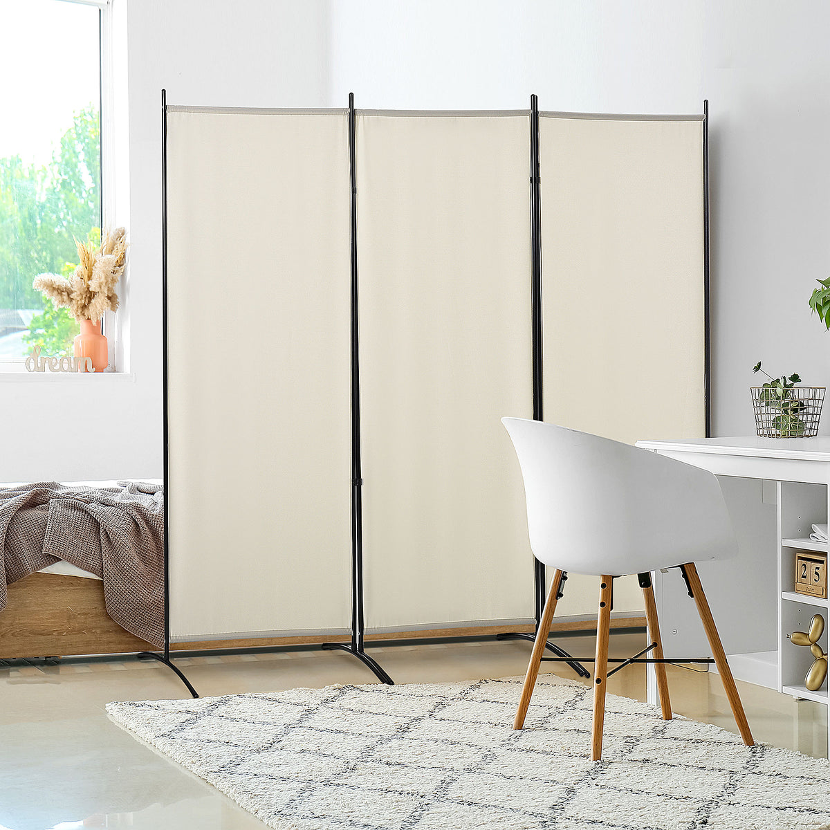 Paravent 3 panneaux dim. 2,53L x 0,5l x 1,82H m Store latéral Brise-Vue paravent sur Pied séparateur métal Polyester