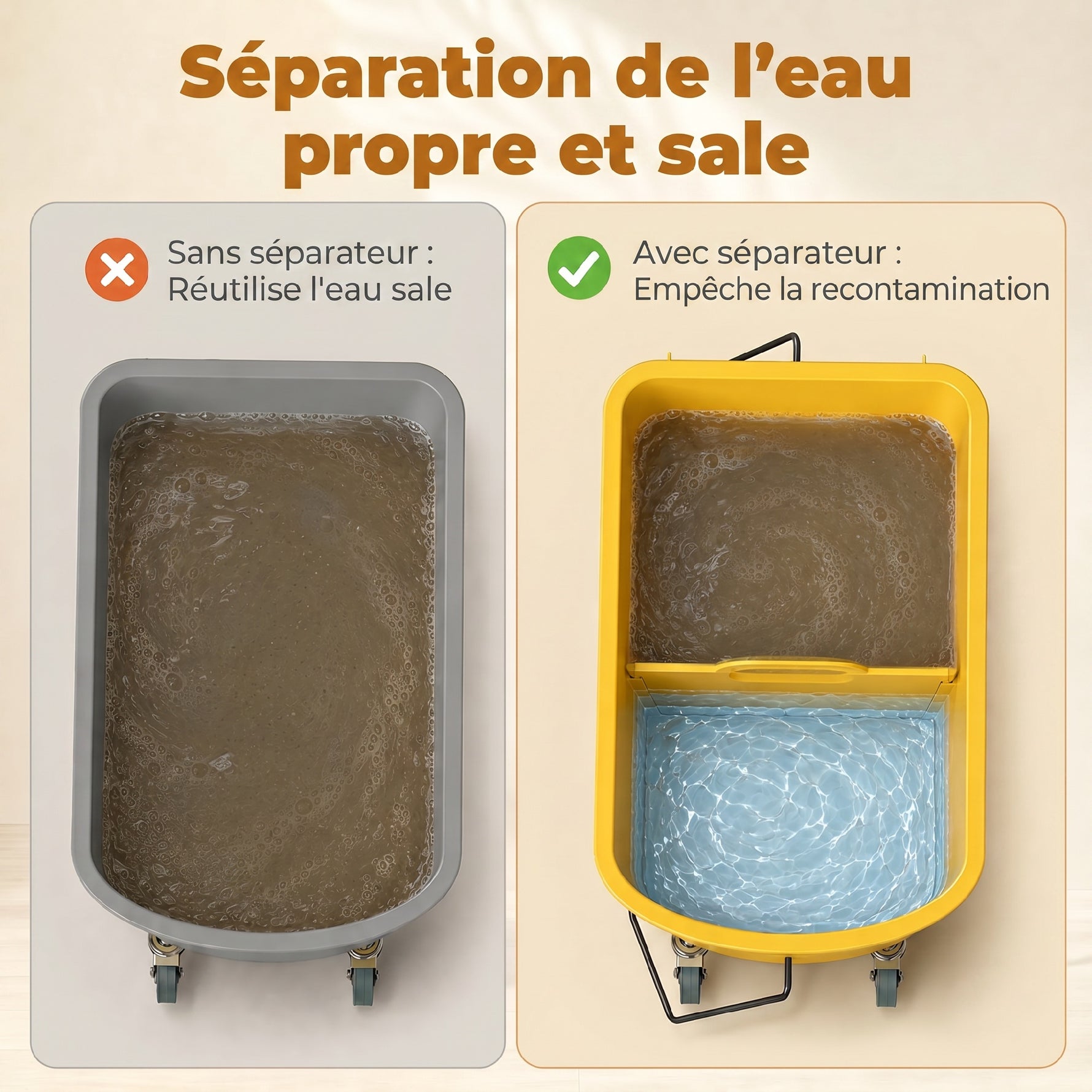 Chariot de nettoyage lavage seau de ménage 20 L avec essoreur et séparateur eau sale propre jaune 60L x 27l x 70,5H cm