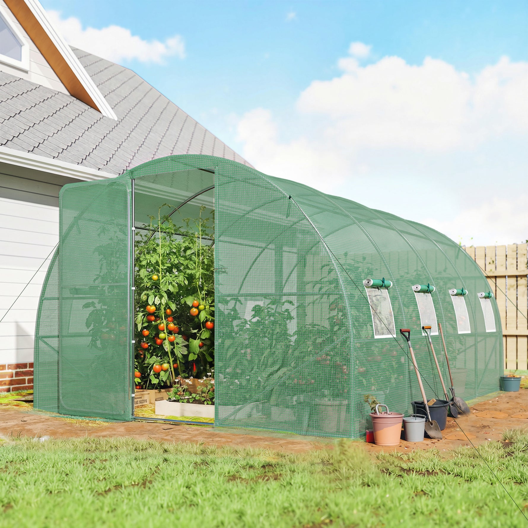 Serre tunnel de jardin 12m², serre de jardin tunnel 295x400x200cm porte et 8 fenêtres, bâche PE 140 g/m² vert